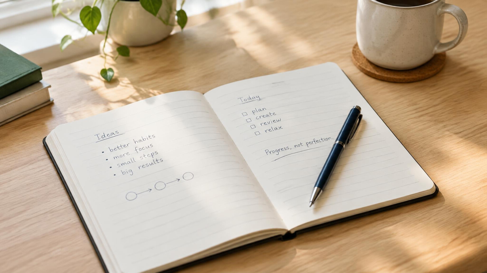 Open notebook with handwritten notes and a pen on a desk