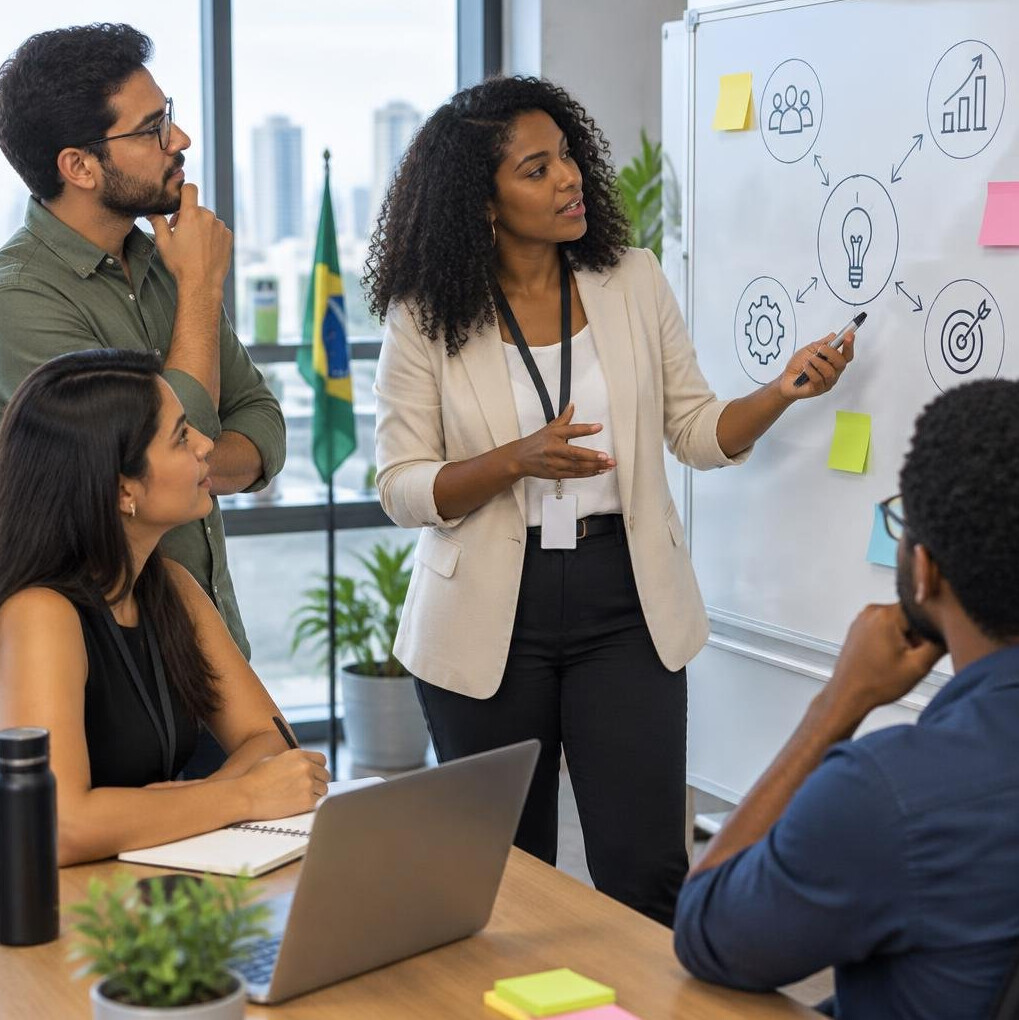 Team meeting with a leader at a whiteboard